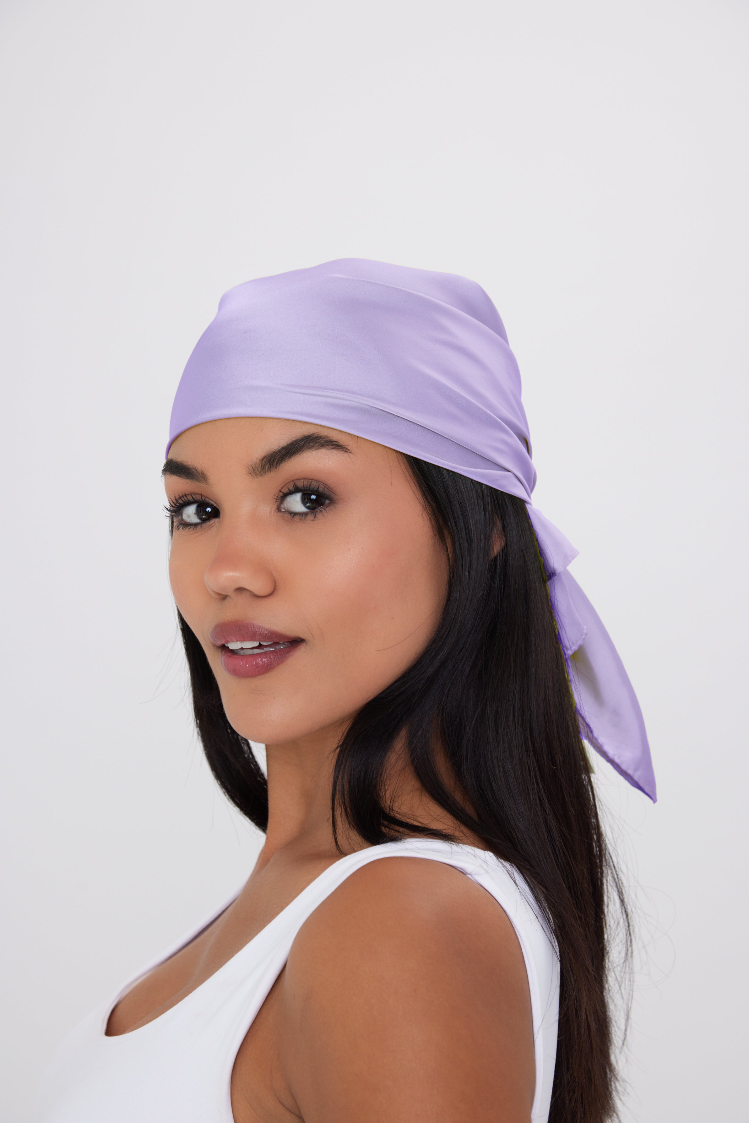 Purple bandana | My accessories london bandana | Multiway satin head scarf Lilac | Purple | glam | Neck Tie | top | Multiway | Glam | Brunch | Lunch | Party | Summer | Holiday | Festival | Women's Accessories 