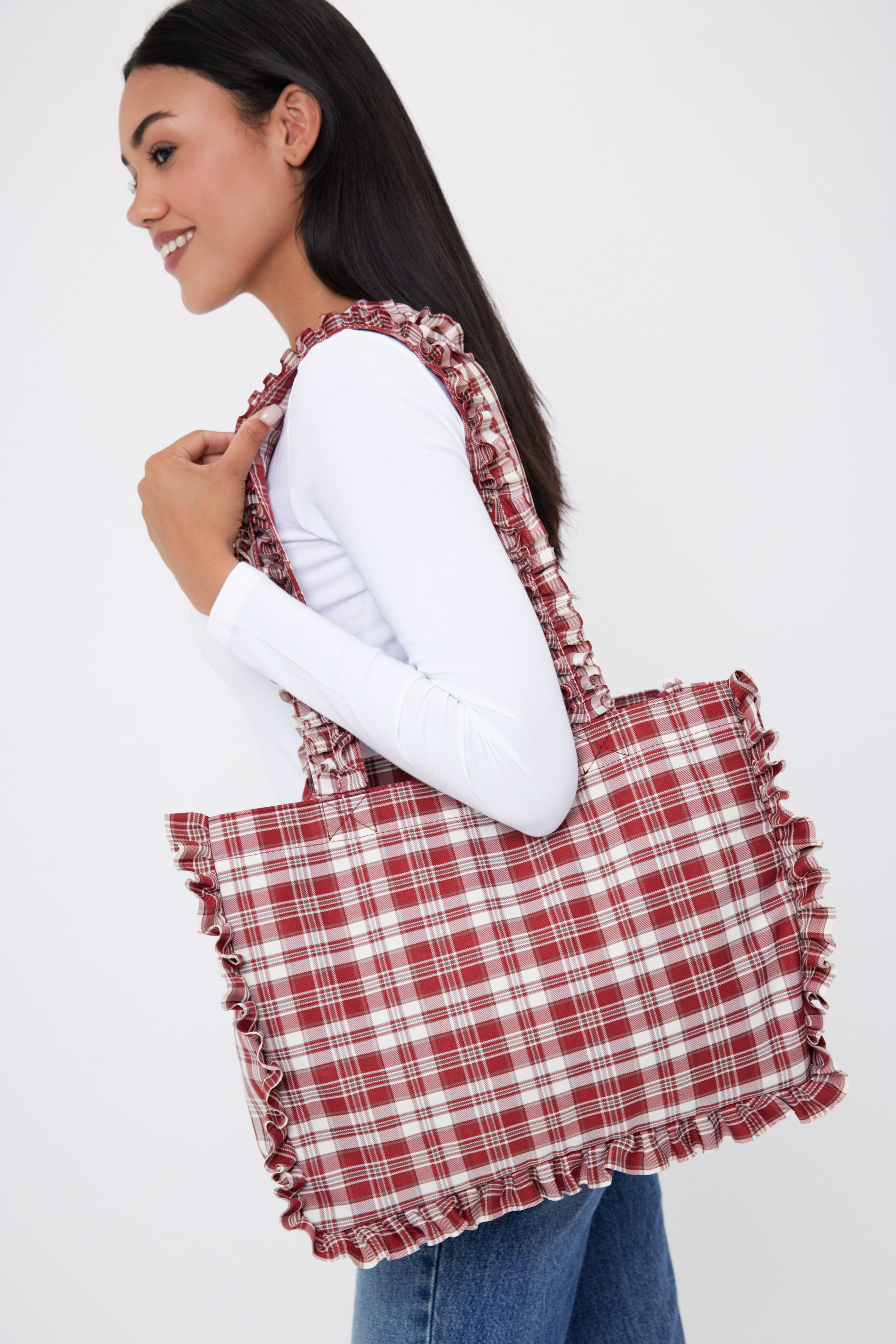 My Accessories London Check Tote Bag with Ruching Detail in Red | My Accessories London | My Accessories London Bag | Check Tote Bag | Check Bag | Ruching Detail Bag | Bag with Ruching Detail | Red Tote Bag | Shopper Bag | Red Shopper Bag | Red Shopper Bag | Ladies Bags | Women's Bags