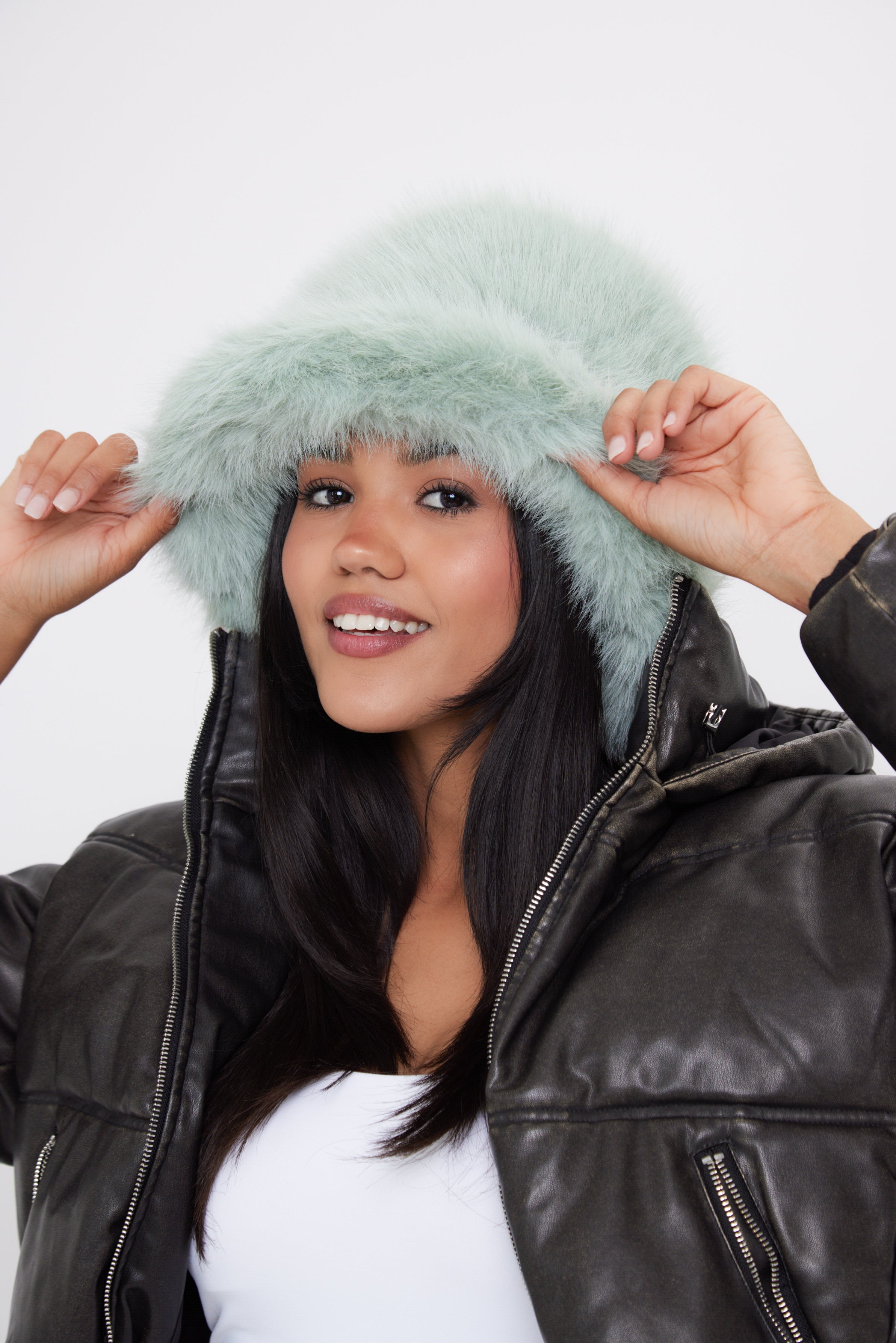 Oversized Fuzzy Fur bucket hat in Mint Green Green