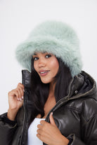 Women's stylish and ultra fluffy bucket hat made with soft faux fur in mint green - My Accessories London