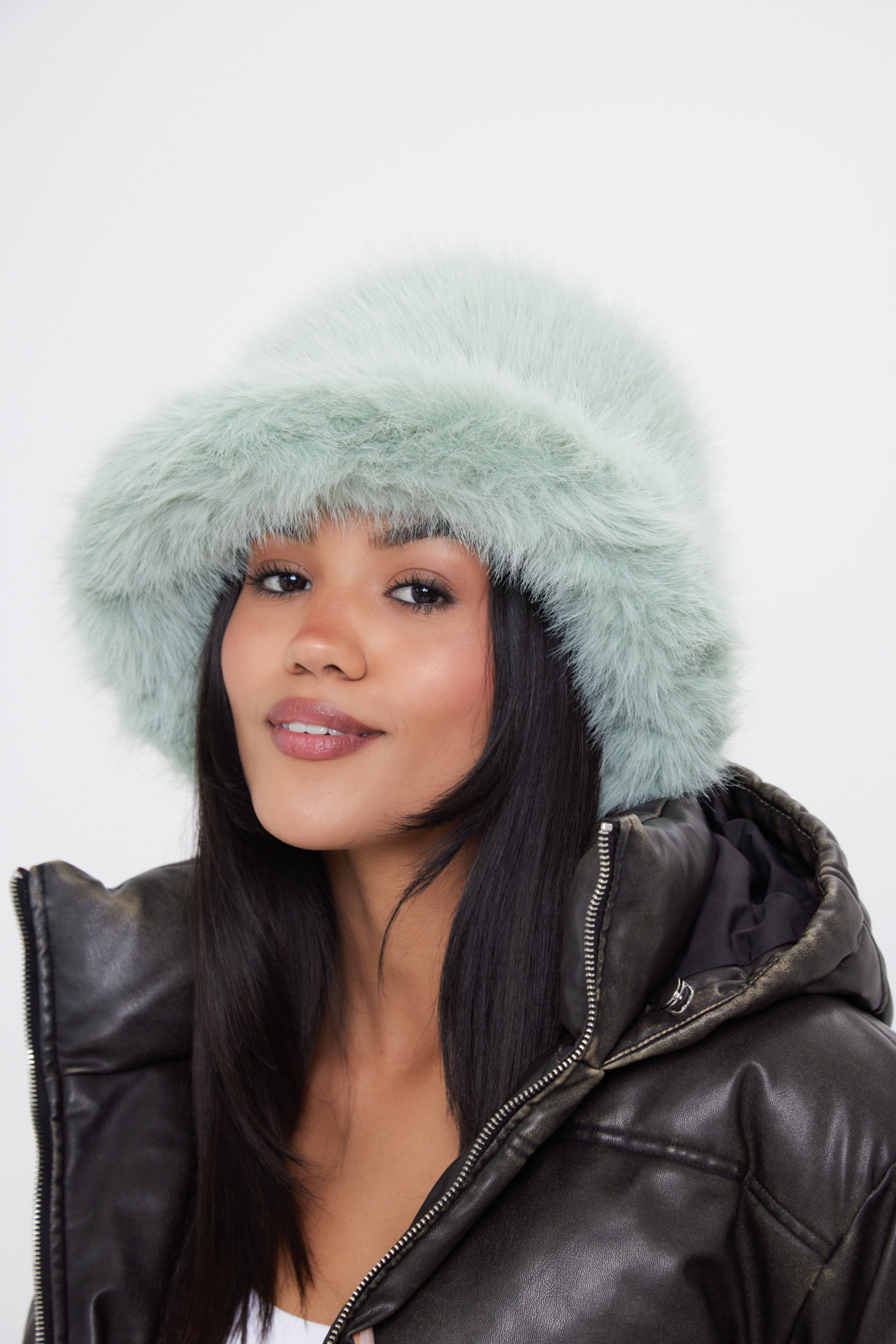 Women's stylish and ultra fluffy bucket hat made with soft faux fur in mint green - My Accessories London