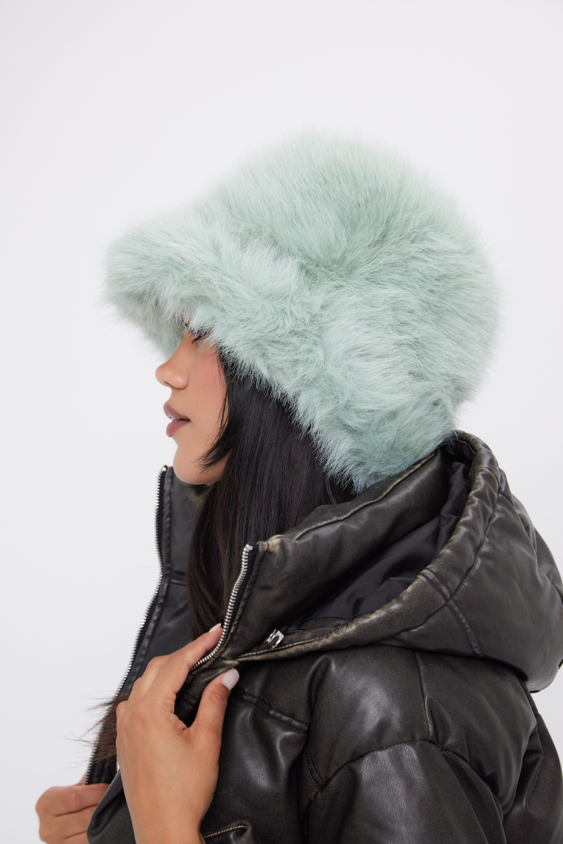 Women's stylish and ultra fluffy bucket hat made with soft faux fur in mint green - My Accessories London