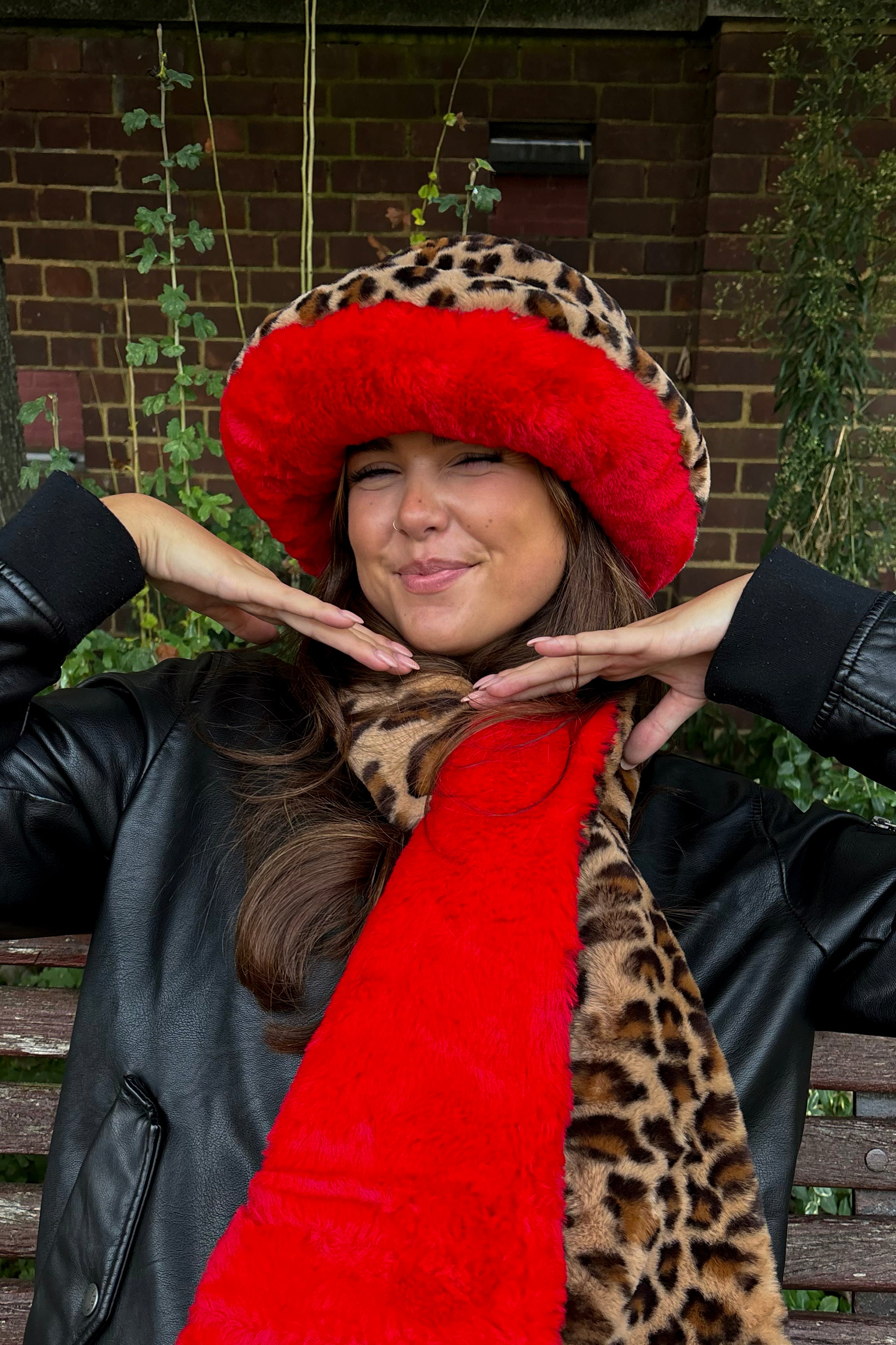 Oversized Fur Bucket Hat in Leopard and Red | fur bucket hat | bucket hat | winter bucket hat | bucket hat for winter | red bucket hat | red hat | red winter hat | leopard print accessories | leopard print hat | leopard print bucket hat | bucket hats for women | womens bucket hat | faux fur hat | faux fur bucket hat | oversized hat | oversized bucket hat