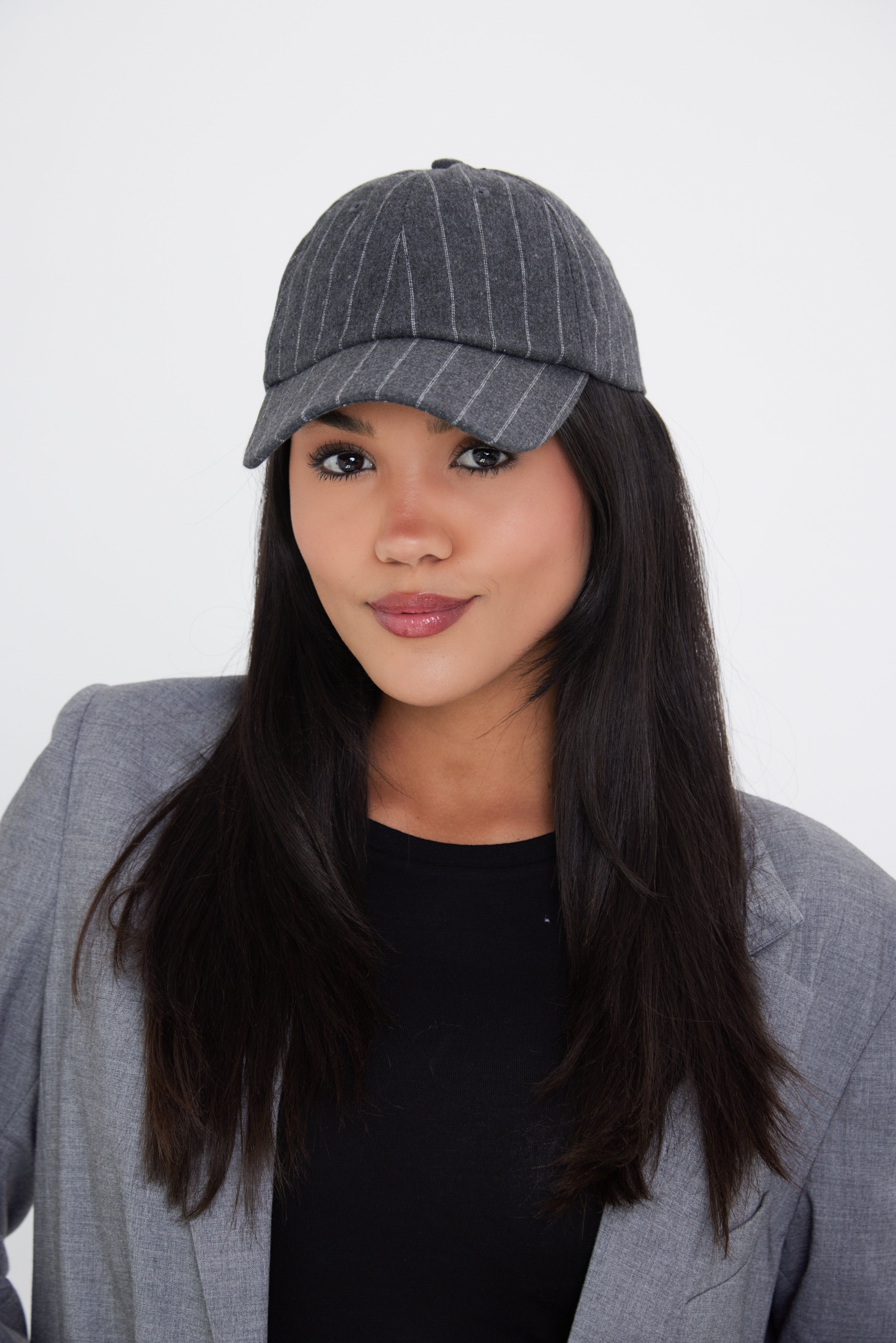 My Accessories London Pinstripe Baseball Cap in Charcoal Grey | My Accessories London Baseball Cap | Baseball Cap | Grey Baseball Cap | Grey Pinstripes | Grey Pinstripe Cap | Grey Cap | Grey Hat | Womens Caps | Womens Cap | Womens Grey Hat | Trendy Caps | Best Caps | Best Caps for Women