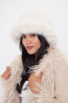 Women's stylish and ultra fluffy bucket hat made with soft faux fur in cream - My Accessories London