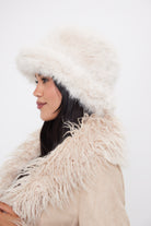 Women's stylish and ultra fluffy bucket hat made with soft faux fur in cream - My Accessories London