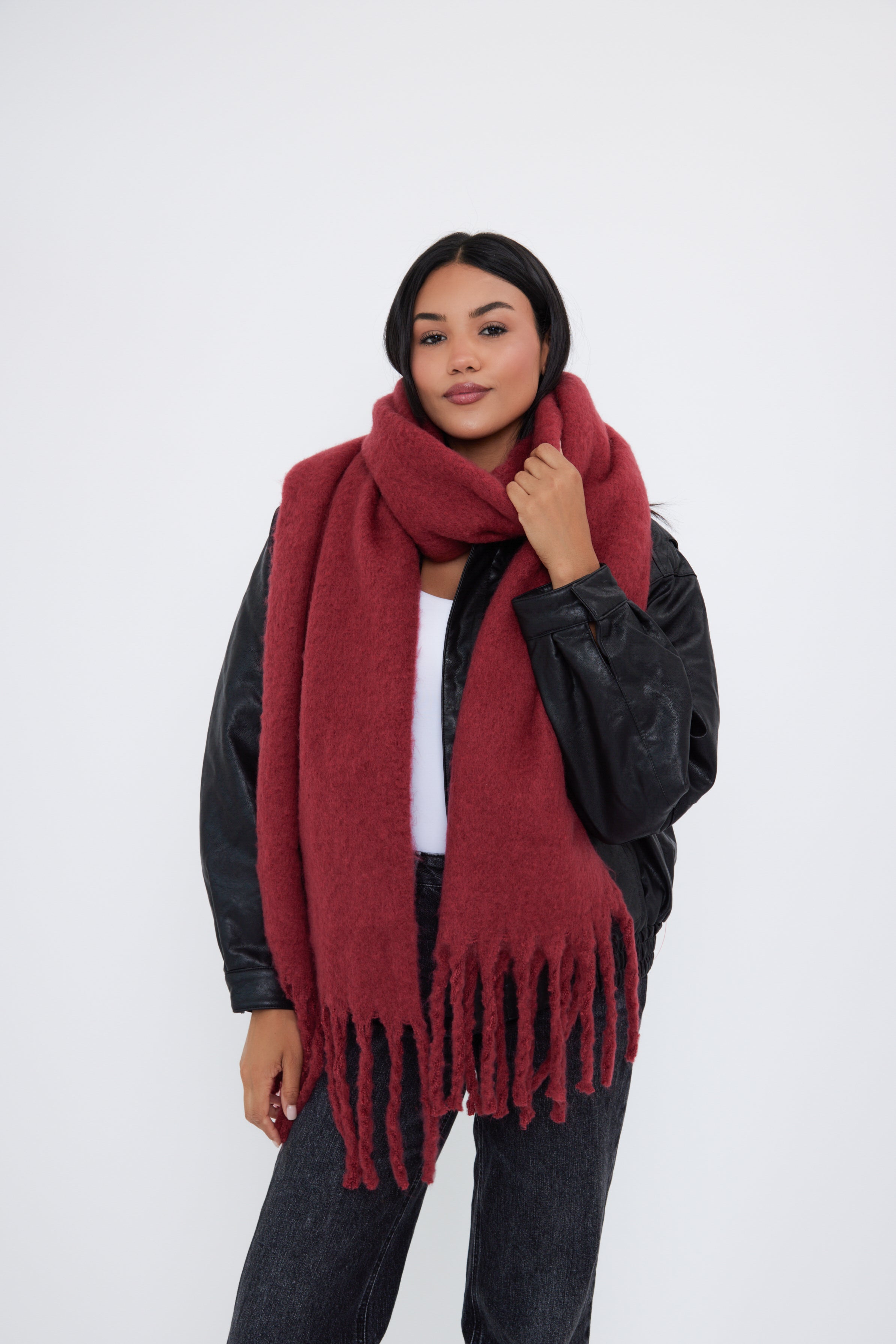 Women's oversized burgundy blanket scarf with soft, cosy fabric and fringe details - My Accessories London