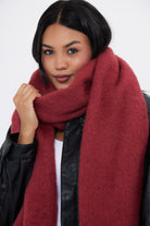 Women's oversized burgundy blanket scarf with soft, cosy fabric and fringe details - My Accessories London