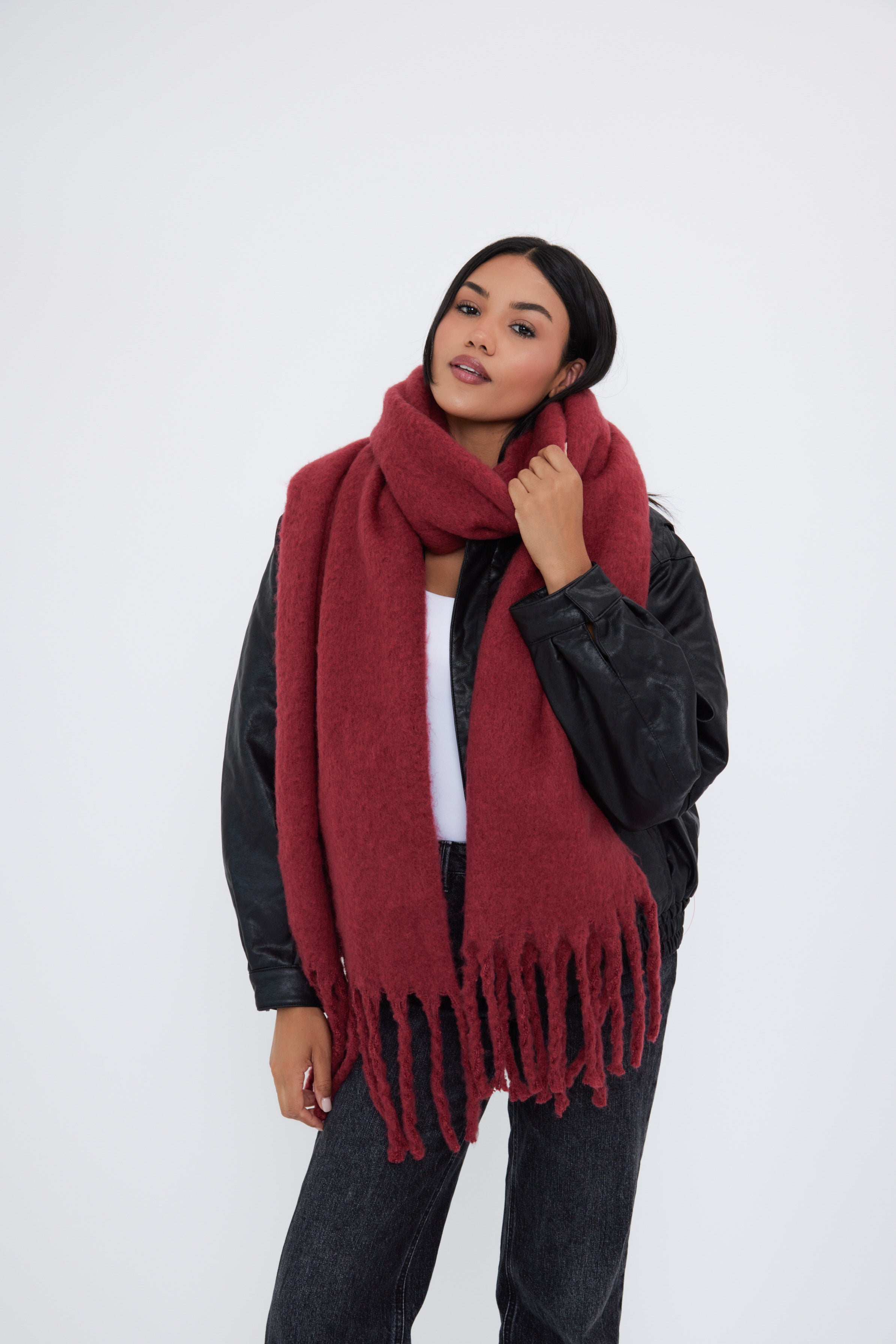 Women's oversized burgundy blanket scarf with soft, cosy fabric and fringe details - My Accessories London