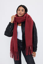 Women's oversized burgundy blanket scarf with soft, cosy fabric and fringe details - My Accessories London