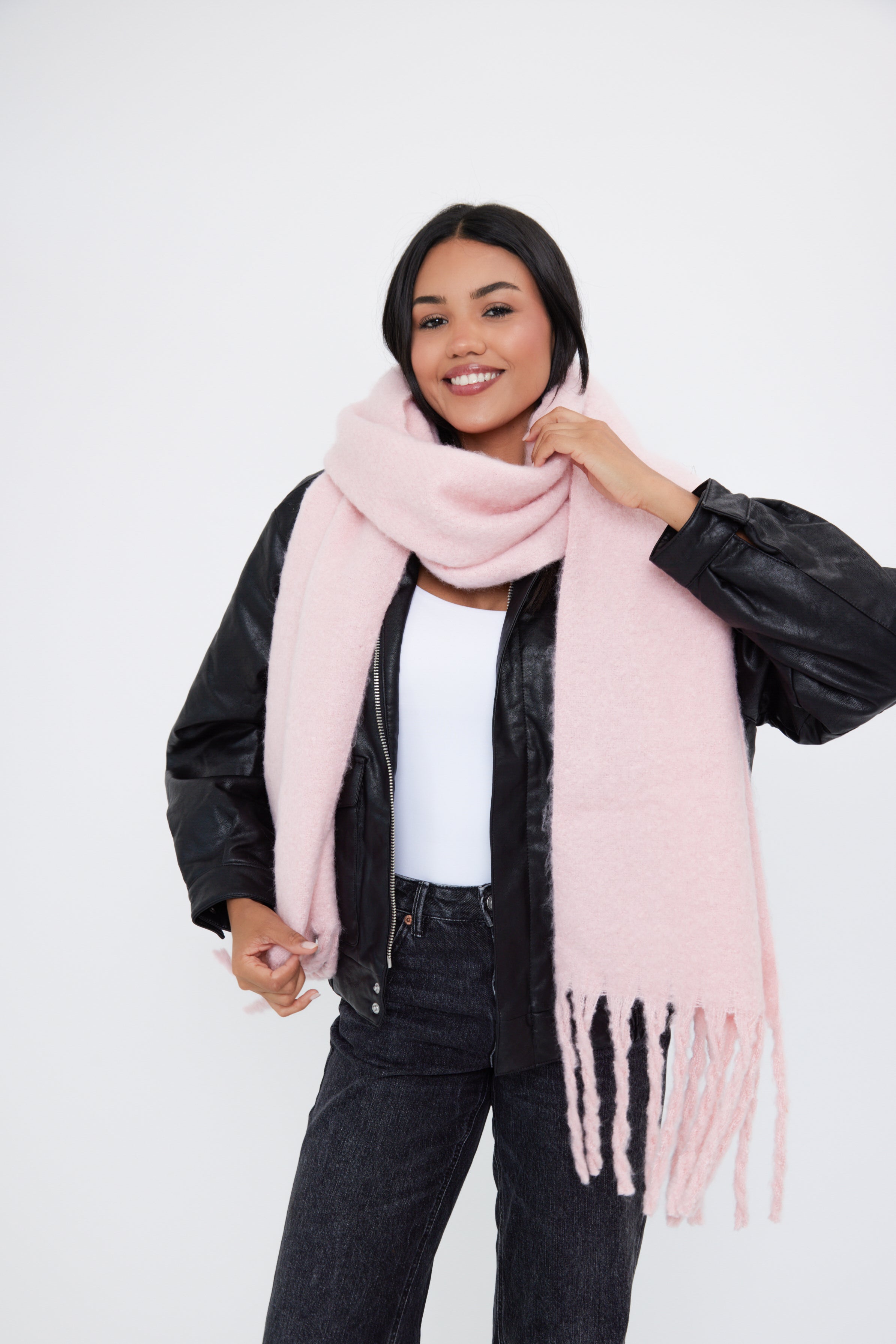 Women's oversized baby pink  chunky scarf with soft, cosy fabric and fringe details - My Accessories London