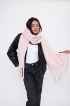 Women's oversized baby pink  chunky scarf with soft, cosy fabric and fringe details - My Accessories London