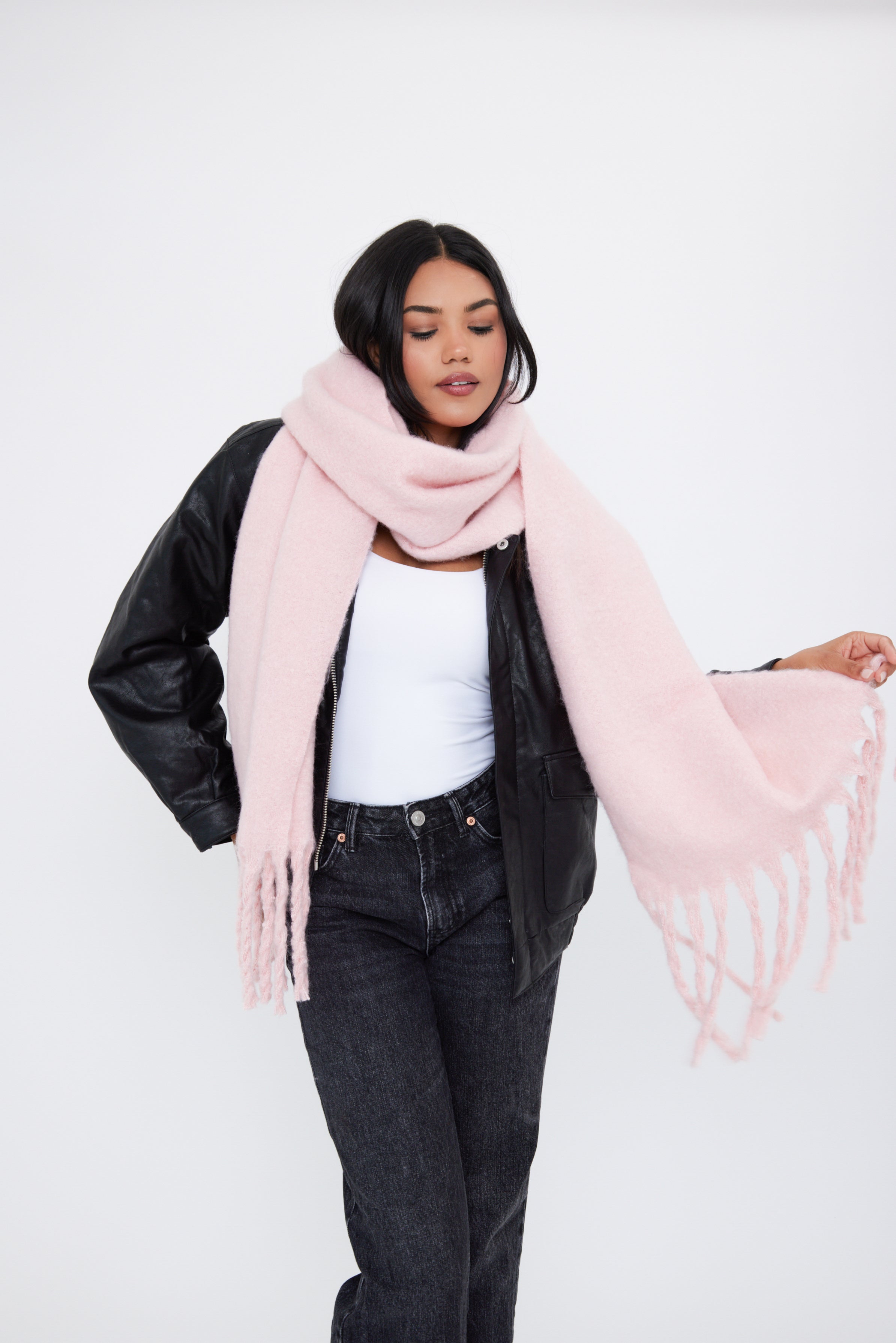 Women's oversized baby pink  chunky scarf with soft, cosy fabric and fringe details - My Accessories London