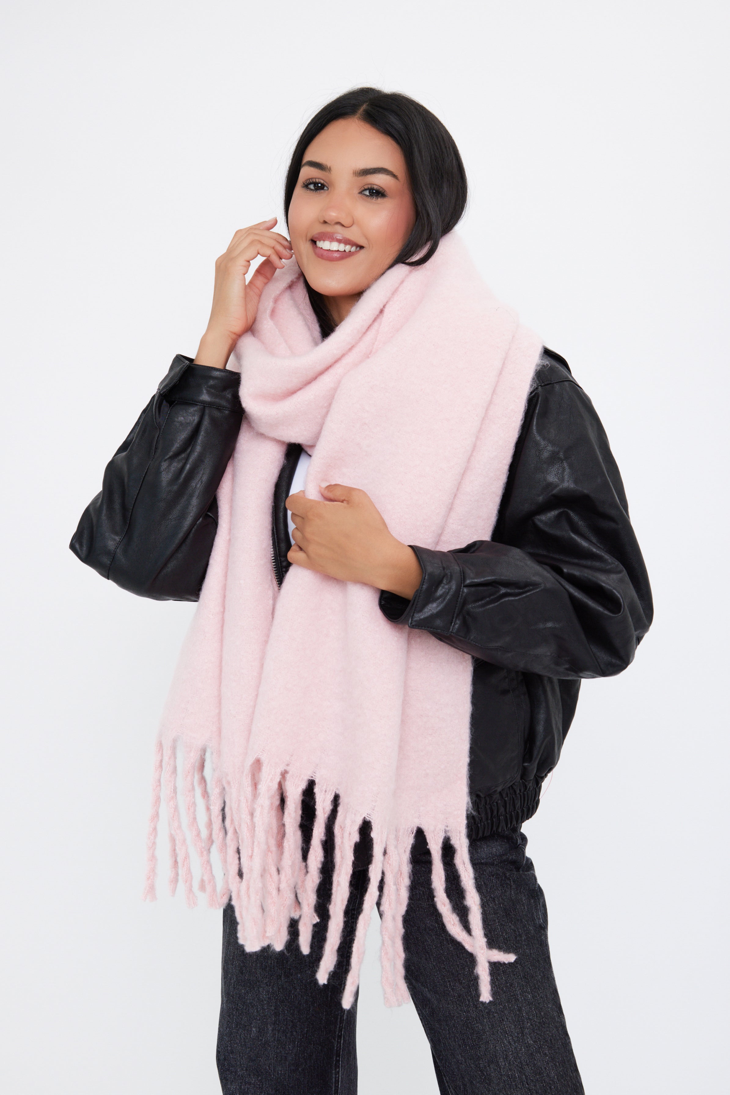 Women's oversized baby pink chunky scarf with soft, cosy fabric and fringe details - My Accessories London