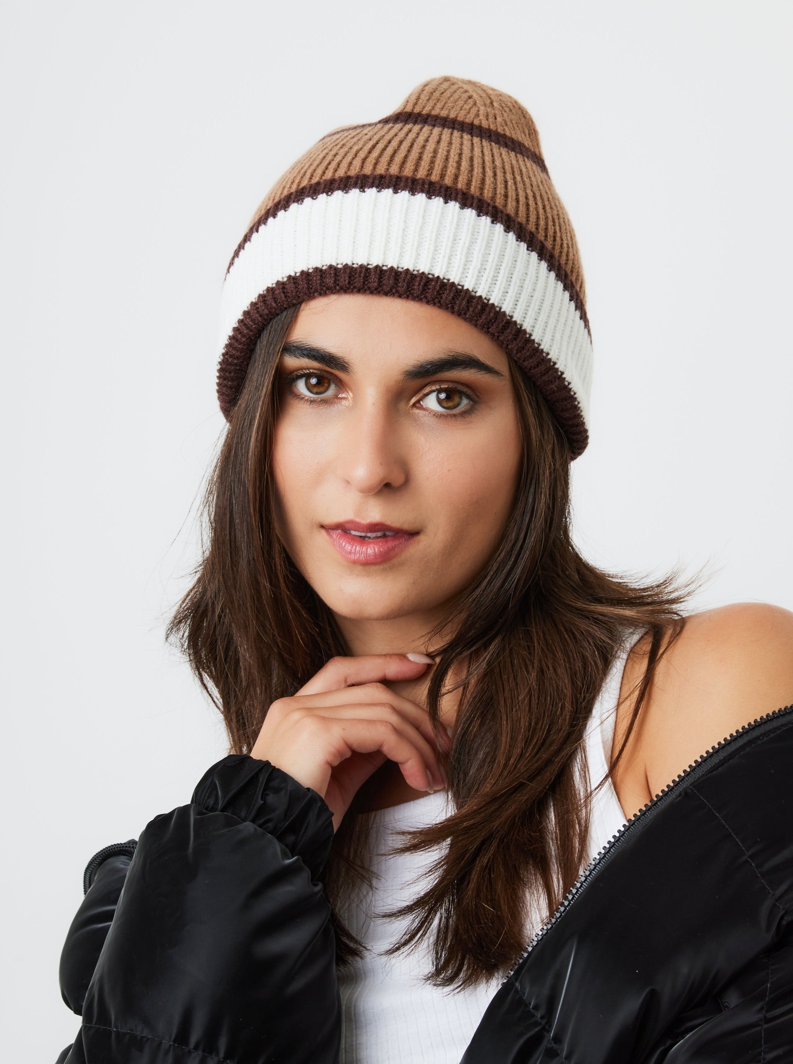 My Accessories London Stripe Beanie in Brown | Hat | women's Accessories | Autumn | Winter | Knitted | Ski | Skiing | Indie | Elevated indie | Streetwear | Plaza Core | Casual | Essential | Streetstyle | Winter | Autumn | Autumn Accessories | Winter Accessories | Women | Women's Accessories 