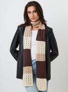 Women's striped skinny crochet knit scarf in brown and beige - My Accessories London