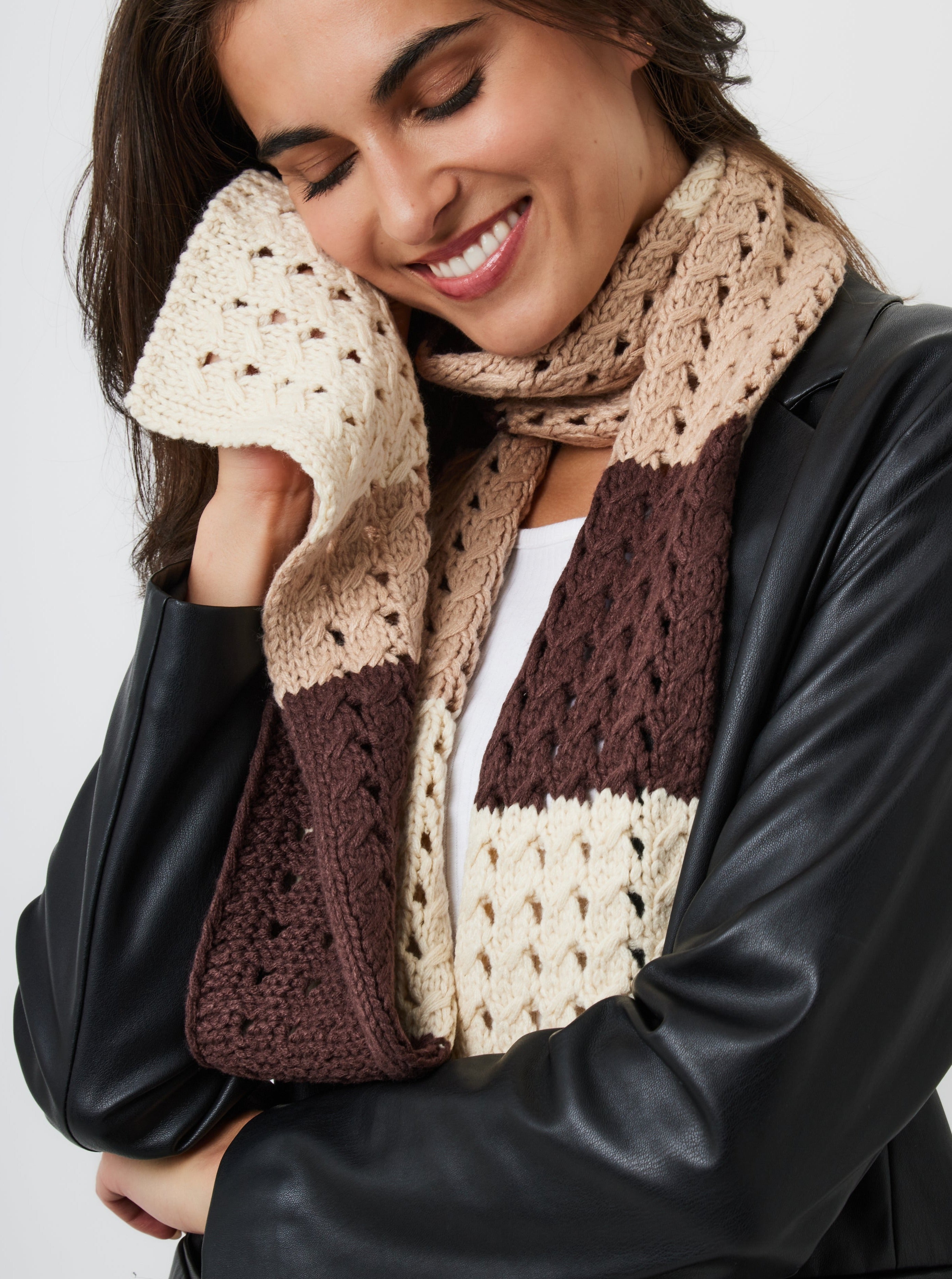 Women's striped skinny crochet knit scarf in brown and beige - My Accessories London