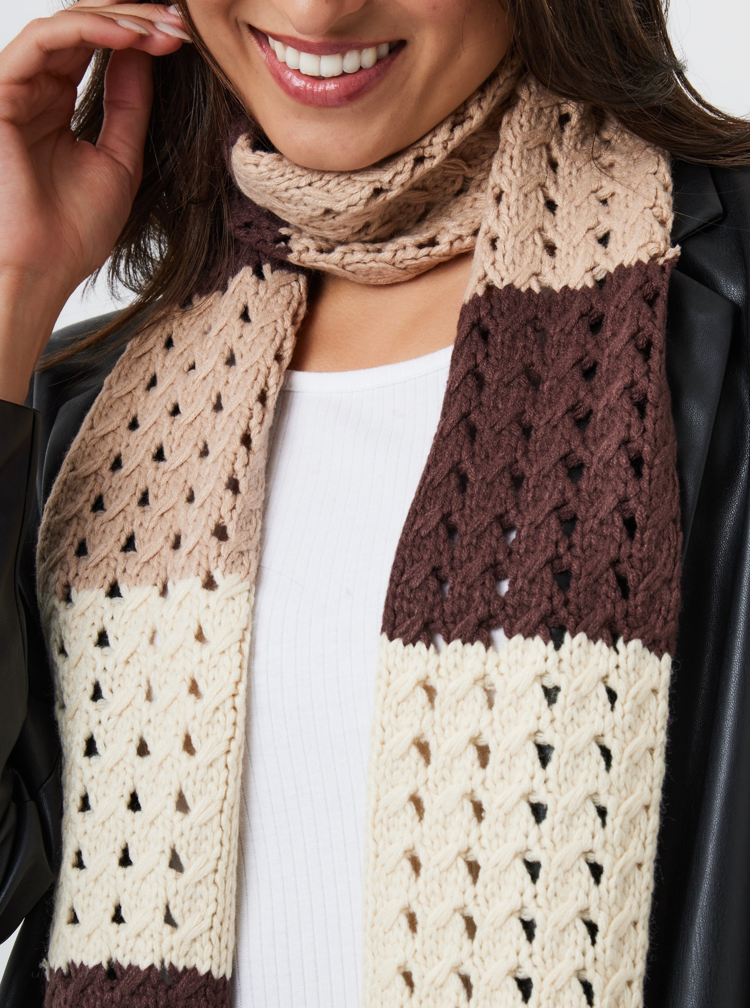 Women's striped skinny crochet knit scarf in brown and beige - My Accessories London