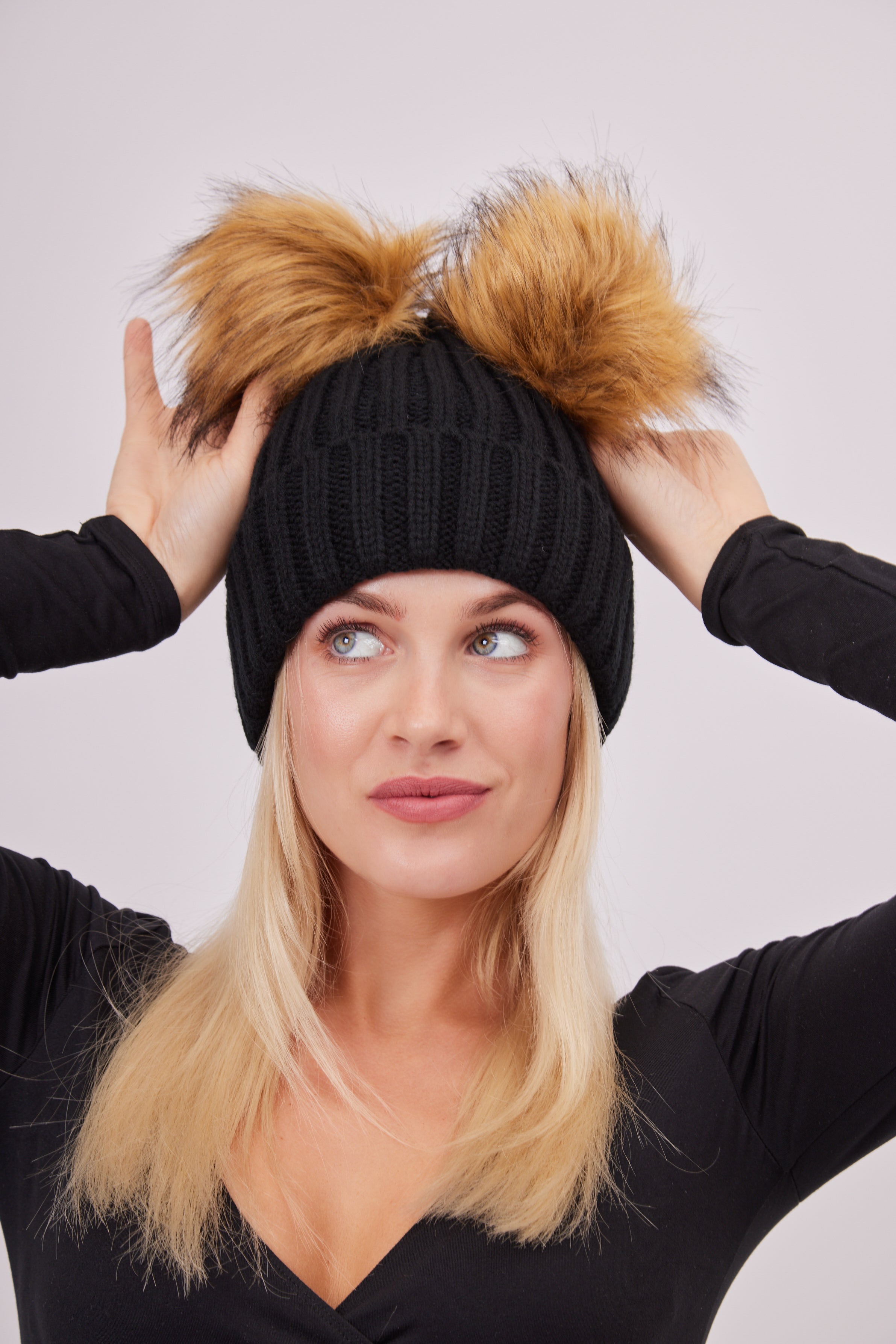 My Accessories London Knitted Double Fur Pom Beanie in Black | Hat | Pom Pom | Women's Accessories | Autumn | Winter | Basics | Ski