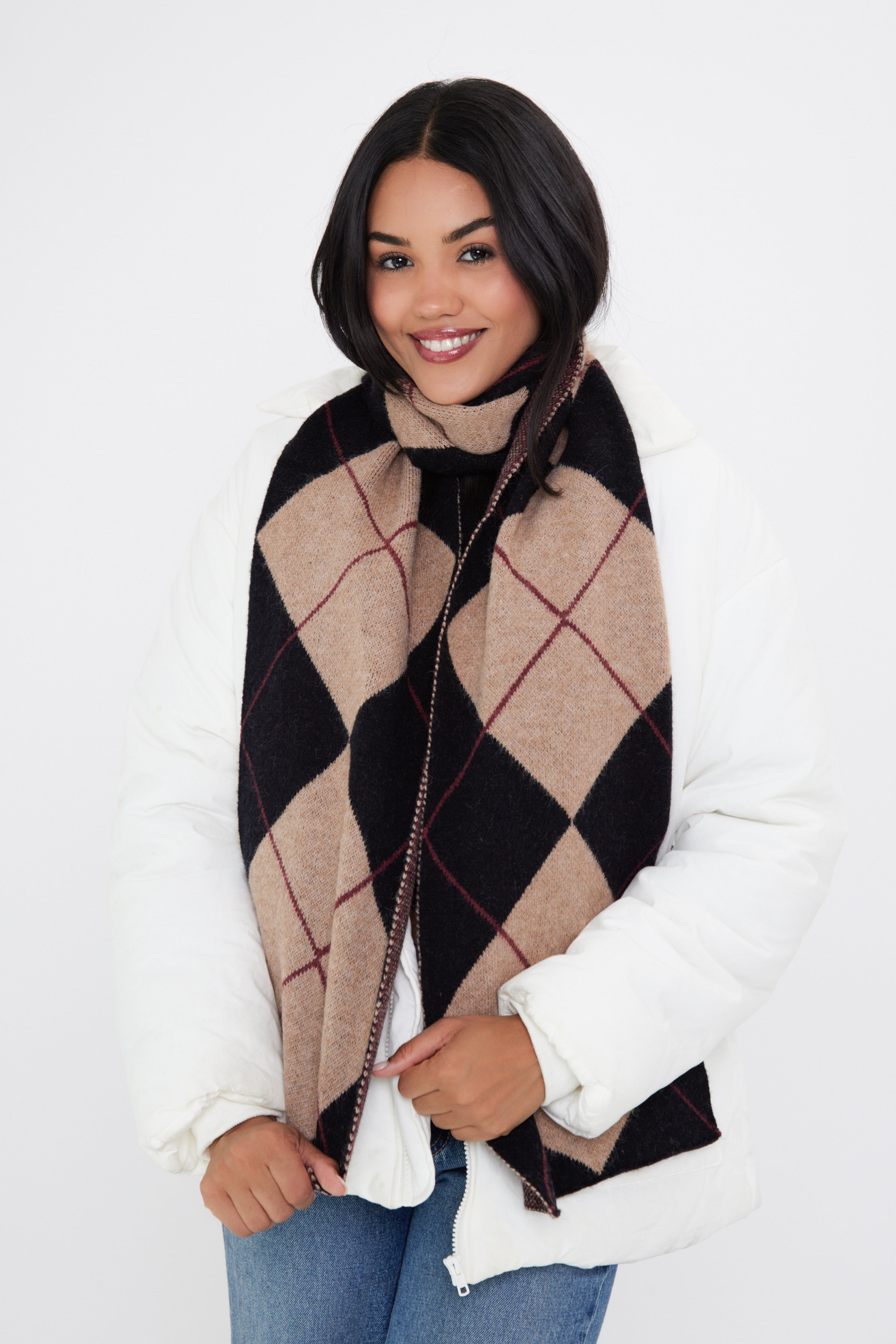 My Accessories London  Women's Oversized Argyle Scarf in Black and Brown