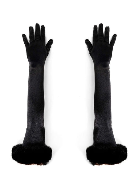 Long Gloves with Fur Trim in Black