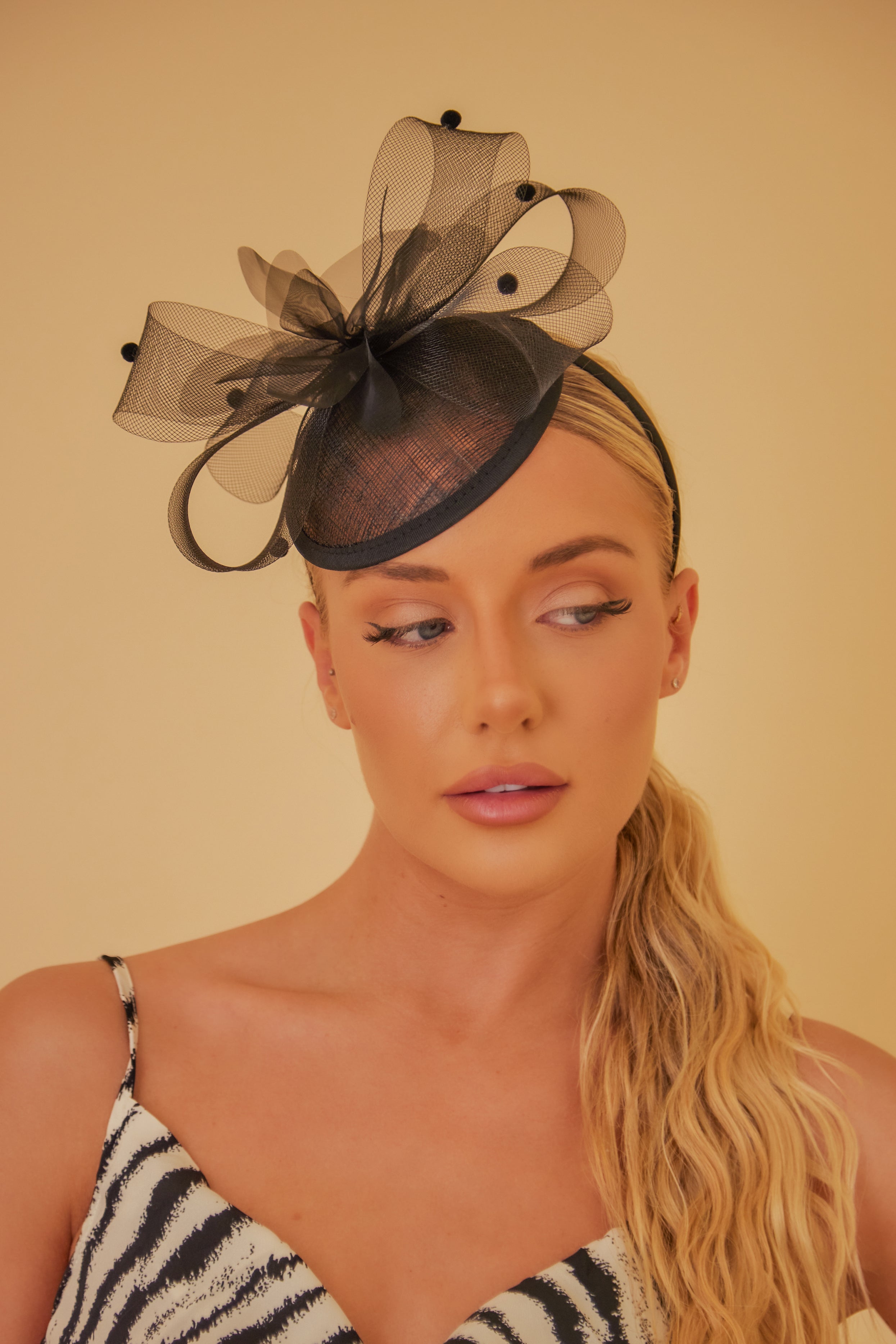 Fascinator with Swirls and Pom Poms in Black My Accessories London